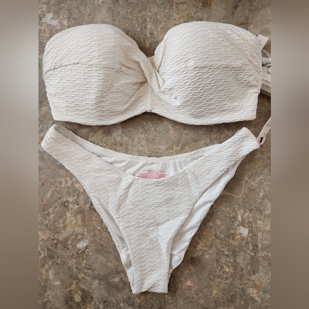 36DDD/L VS Swim Twist Bandeau PushUp Bikini Top Brazilian Bikini Set White